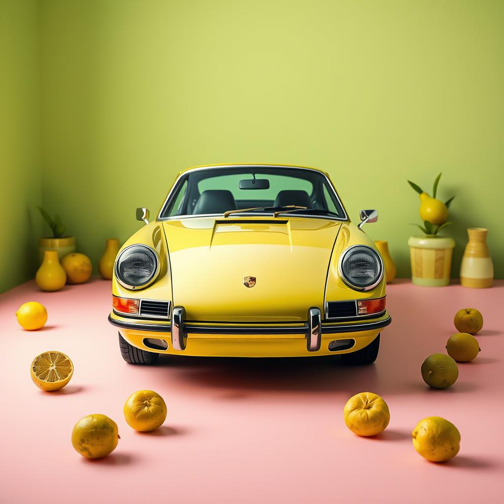 A stunning poster of a Porsche 911 captured in a raw photograph style with a lime-themed color palette