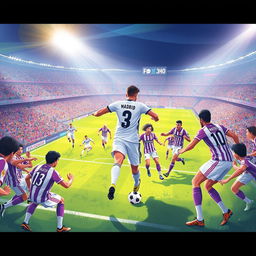 A captivating and vibrant illustration of a Real Madrid vs Real Valladolid football match, perfect for a YouTube thumbnail