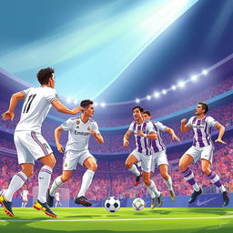 A captivating and vibrant illustration of a Real Madrid vs Real Valladolid football match, perfect for a YouTube thumbnail