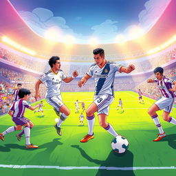 A captivating and vibrant illustration of a Real Madrid vs Real Valladolid football match, perfect for a YouTube thumbnail