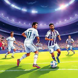 A captivating and vibrant illustration of a Real Madrid vs Real Valladolid football match, perfect for a YouTube thumbnail