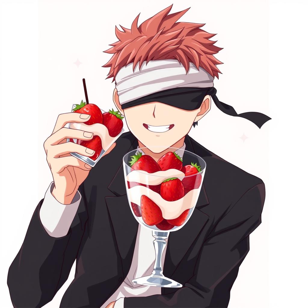 Satoru Gojo from the anime Jujutsu Kaisen enjoying strawberries with cream in a glass