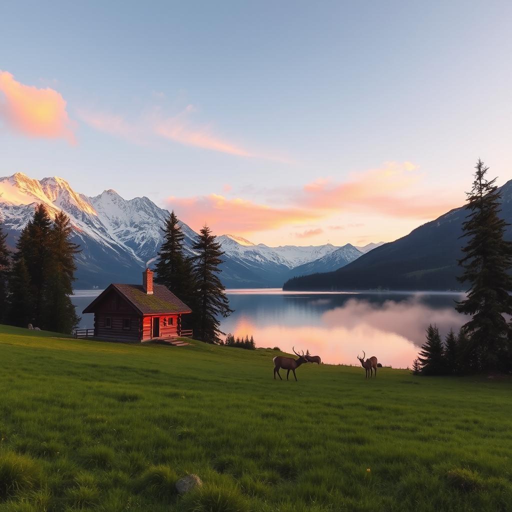 A serene landscape with snow-covered mountains in the background, a crystal-clear lake in the middle, and a lush green meadow in the foreground