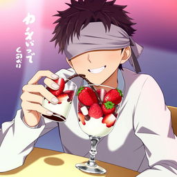 Satoru Gojo from the anime Jujutsu Kaisen enjoying strawberries with cream in a glass