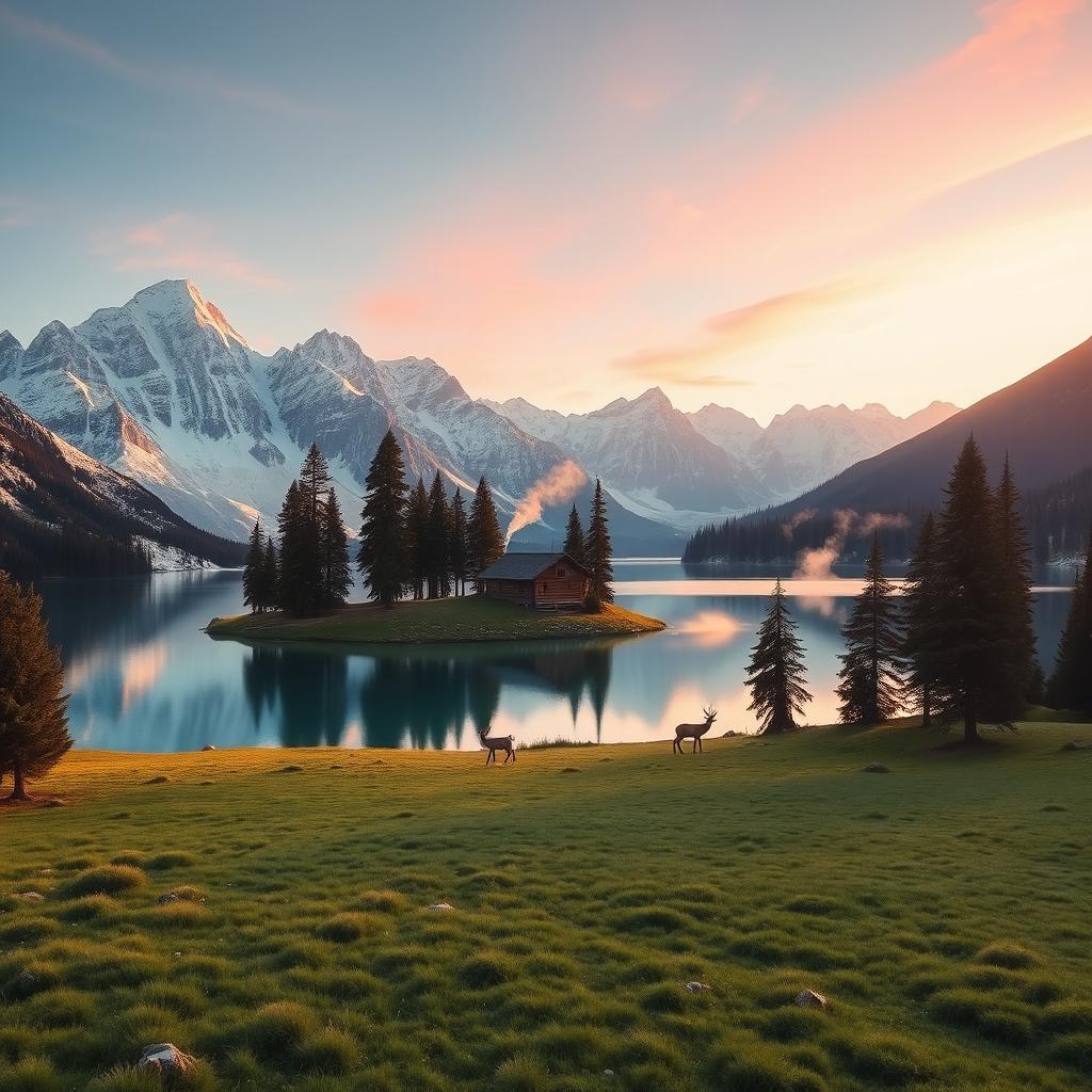 A serene landscape with snow-covered mountains in the background, a crystal-clear lake in the middle, and a lush green meadow in the foreground