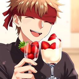 Satoru Gojo from the anime Jujutsu Kaisen enjoying strawberries with cream in a glass