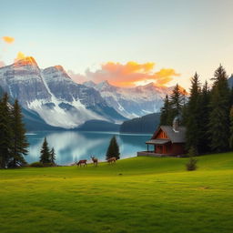 A serene landscape with snow-covered mountains in the background, a crystal-clear lake in the middle, and a lush green meadow in the foreground