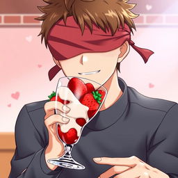 Satoru Gojo from the anime Jujutsu Kaisen enjoying strawberries with cream in a glass