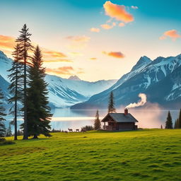 A serene landscape with snow-covered mountains in the background, a crystal-clear lake in the middle, and a lush green meadow in the foreground