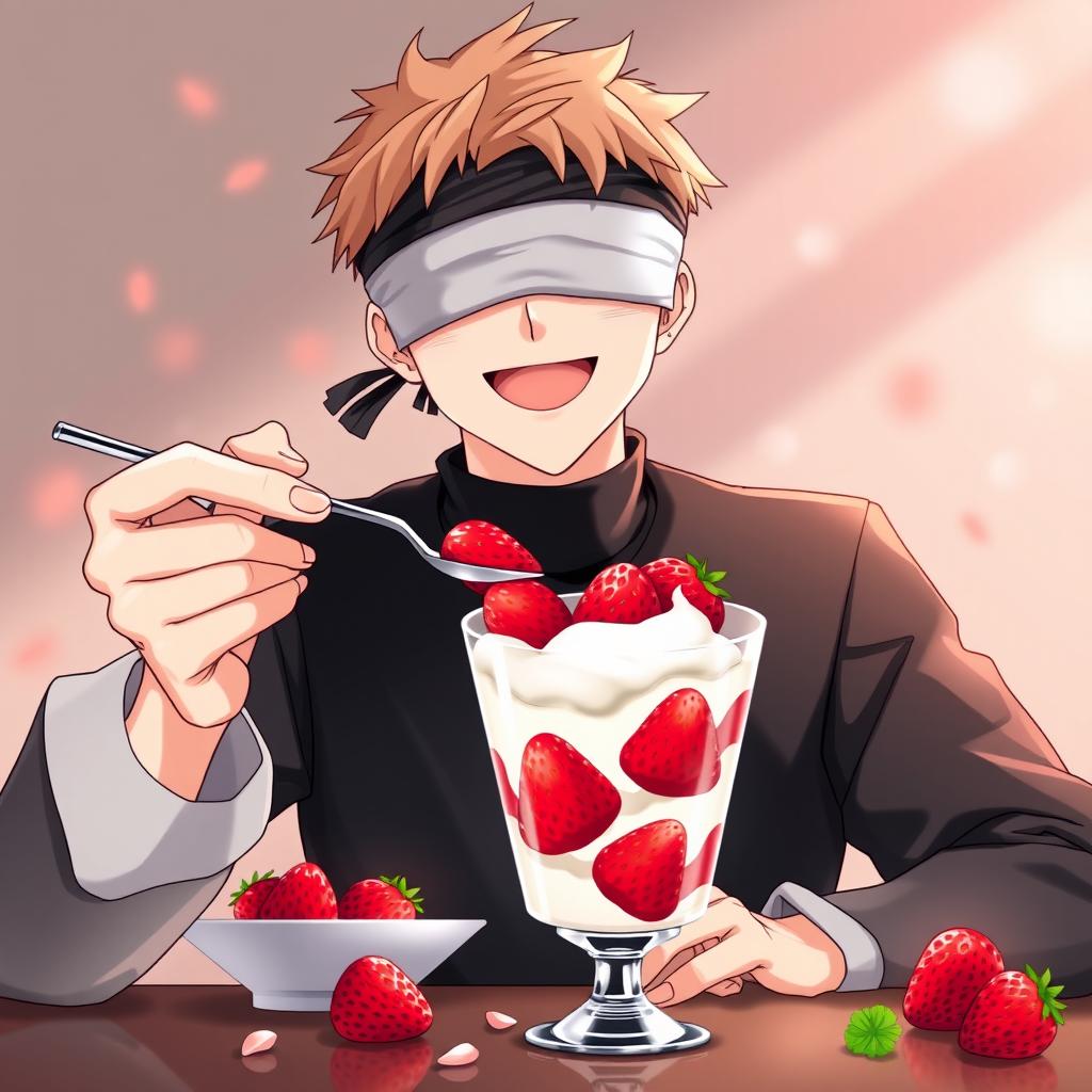 Satoru Gojo from Jujutsu Kaisen enjoying strawberries with cream in a glass