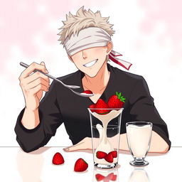 Satoru Gojo from Jujutsu Kaisen enjoying strawberries with cream in a glass