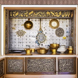 Kitchen interior showcasing Yazd traditional design, complete with ornate cabinetry, tiled backsplash reflecting typical Persian motifs, a central hearth, and brass utensils hung on walls.