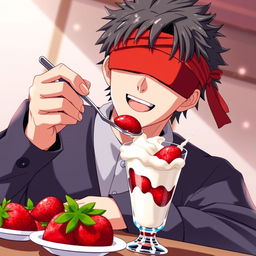 Satoru Gojo from Jujutsu Kaisen enjoying strawberries with cream in a glass