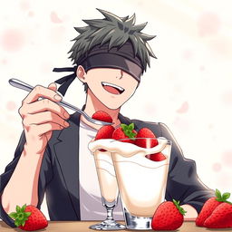 Satoru Gojo from Jujutsu Kaisen enjoying strawberries with cream in a glass