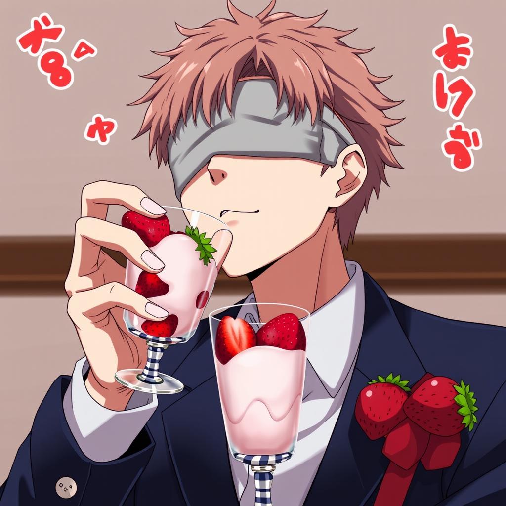 Satoru Gojo from Jujutsu Kaisen enjoying strawberries with cream in a glass