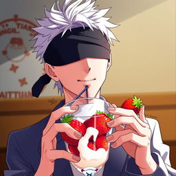 Satoru Gojo from Jujutsu Kaisen enjoying strawberries with cream in a glass