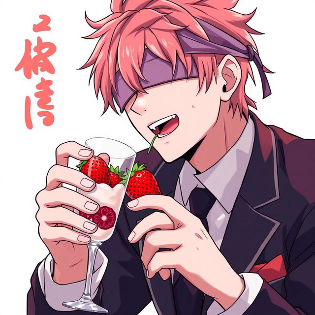 Satoru Gojo from Jujutsu Kaisen enjoying strawberries with cream in a glass