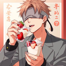 Satoru Gojo from Jujutsu Kaisen enjoying strawberries with cream in a glass