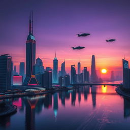 A stunning portrait of a futuristic cityscape at twilight, with tall skyscrapers lit up by neon lights, reflecting on a calm river in the foreground