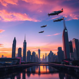 A stunning portrait of a futuristic cityscape at twilight, with tall skyscrapers lit up by neon lights, reflecting on a calm river in the foreground