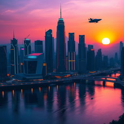 A stunning portrait of a futuristic cityscape at twilight, with tall skyscrapers lit up by neon lights, reflecting on a calm river in the foreground