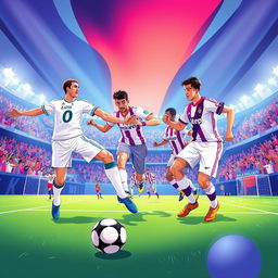 A captivating and vibrant illustration of a Real Madrid vs Real Valladolid football match, designed to attract attention for a YouTube thumbnail