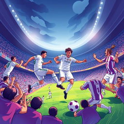 A captivating and vibrant illustration of a Real Madrid vs Real Valladolid football match, designed to attract attention for a YouTube thumbnail