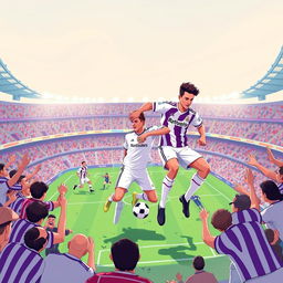 A captivating and vibrant illustration of a Real Madrid vs Real Valladolid football match, designed to attract attention for a YouTube thumbnail