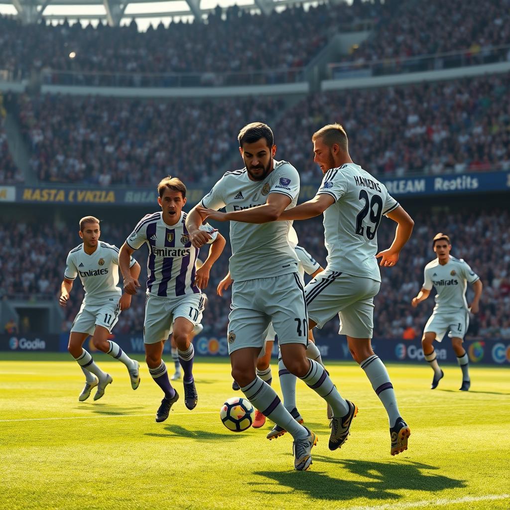 A highly realistic and captivating image of a Real Madrid vs Real Valladolid football match, crafted for a YouTube thumbnail