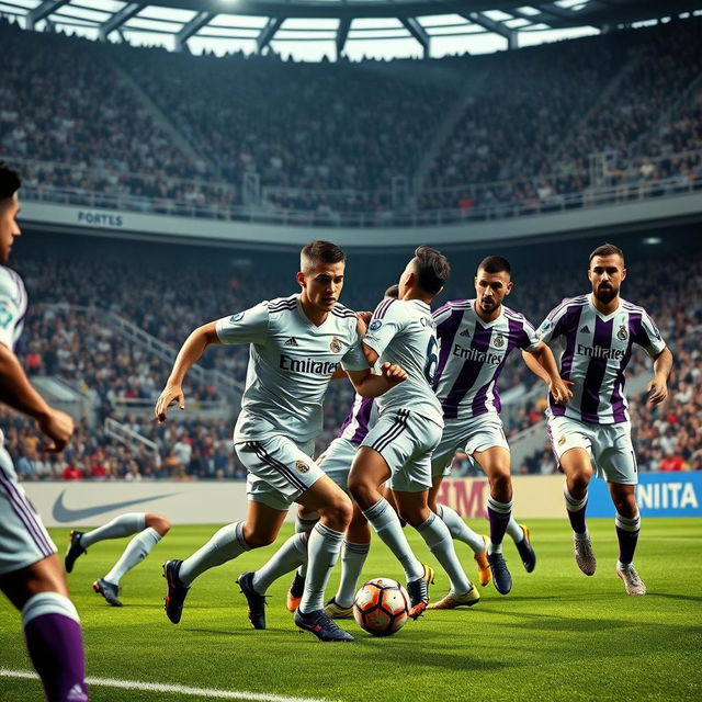 A highly realistic and captivating image of a Real Madrid vs Real Valladolid football match, crafted for a YouTube thumbnail