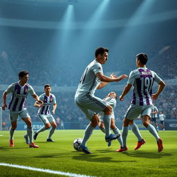 A highly realistic and captivating image of a Real Madrid vs Real Valladolid football match, crafted for a YouTube thumbnail
