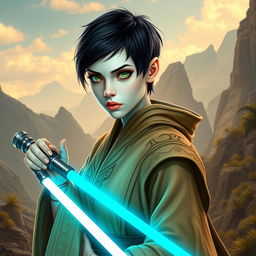 A Dathomirian Jedi female featuring striking bone white skin, captivating bright green eyes, and a short pixie cut with black hair