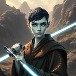 A Dathomirian Jedi female featuring striking bone white skin, captivating bright green eyes, and a short pixie cut with black hair