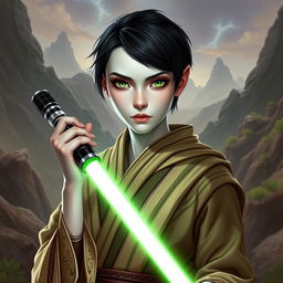 A Dathomirian Jedi female featuring striking bone white skin, captivating bright green eyes, and a short pixie cut with black hair