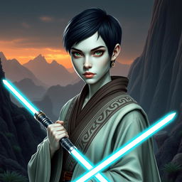 A Dathomirian Jedi female featuring striking bone white skin, captivating bright green eyes, and a short pixie cut with black hair