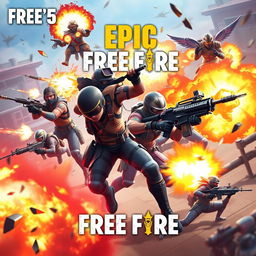 Epic Free Fire thumbnail featuring dynamic action scenes with characters in intense combat, showcasing vibrant explosions and high-tech weaponry