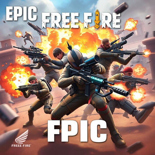 Epic Free Fire thumbnail featuring dynamic action scenes with characters in intense combat, showcasing vibrant explosions and high-tech weaponry