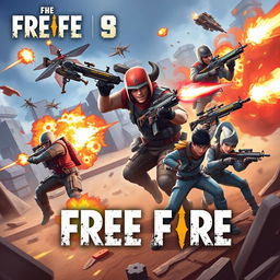 Epic Free Fire thumbnail featuring dynamic action scenes with characters in intense combat, showcasing vibrant explosions and high-tech weaponry