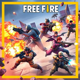 Epic Free Fire thumbnail featuring dynamic action scenes with characters in intense combat, showcasing vibrant explosions and high-tech weaponry