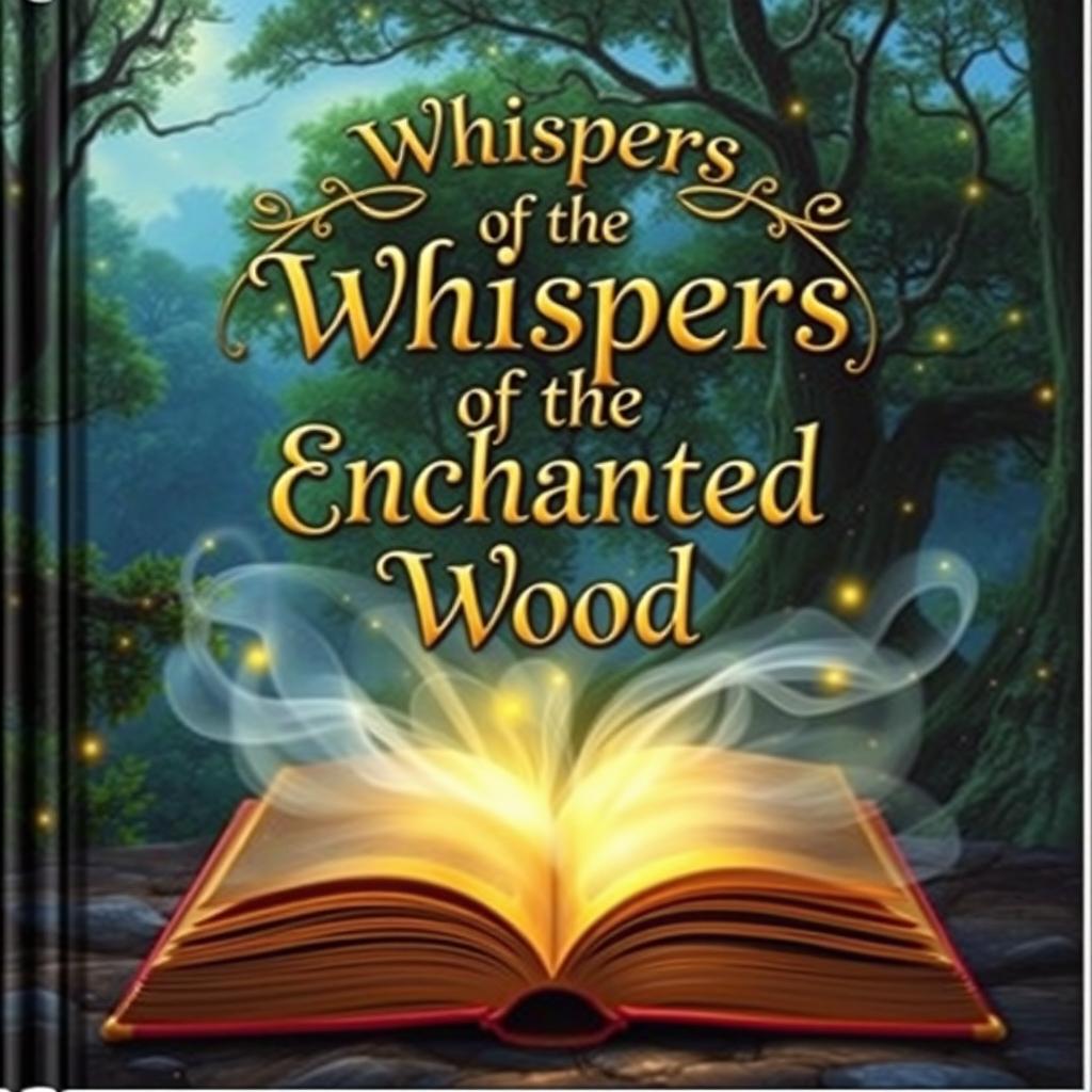 An enchanting book cover featuring a magical forest under a twilight sky, with lush green trees and twinkling fireflies