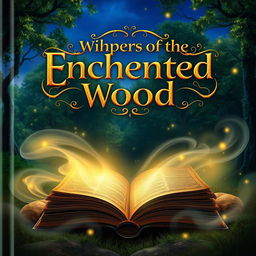 An enchanting book cover featuring a magical forest under a twilight sky, with lush green trees and twinkling fireflies