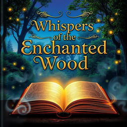 An enchanting book cover featuring a magical forest under a twilight sky, with lush green trees and twinkling fireflies