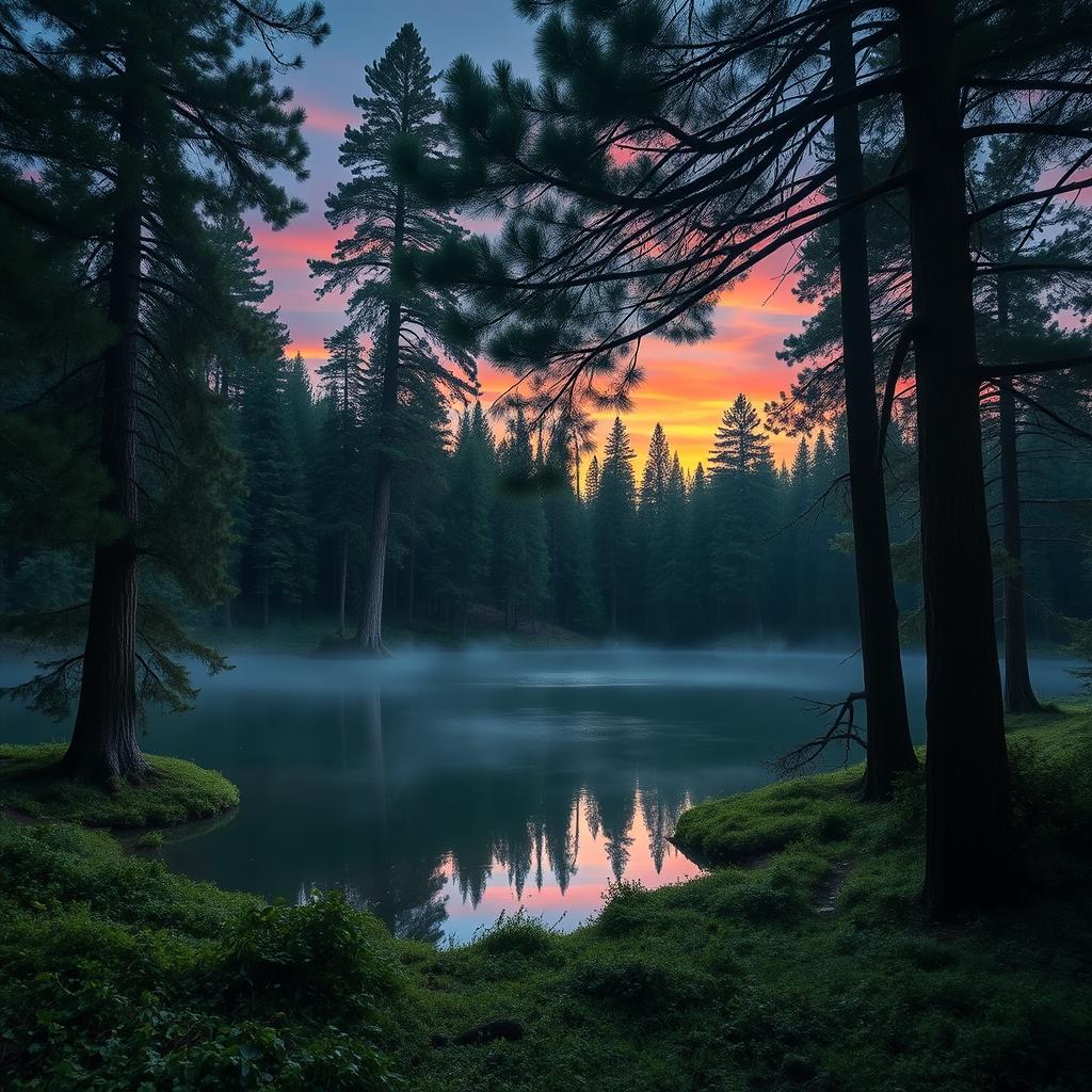 A mystical aura envelops a pristine, tranquil lake surrounded by ancient, towering pine trees as the soft glow of the setting sun casts warm hues across the serene landscape