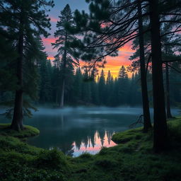 A mystical aura envelops a pristine, tranquil lake surrounded by ancient, towering pine trees as the soft glow of the setting sun casts warm hues across the serene landscape