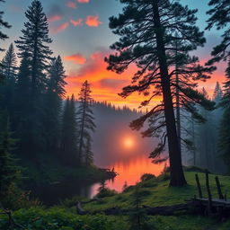 A mystical aura envelops a pristine, tranquil lake surrounded by ancient, towering pine trees as the soft glow of the setting sun casts warm hues across the serene landscape