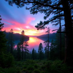 A mystical aura envelops a pristine, tranquil lake surrounded by ancient, towering pine trees as the soft glow of the setting sun casts warm hues across the serene landscape