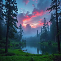 A mystical aura envelops a pristine, tranquil lake surrounded by ancient, towering pine trees as the soft glow of the setting sun casts warm hues across the serene landscape