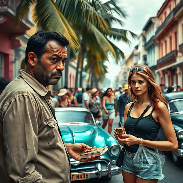 A dramatic scene depicting an attempted scam in Cuba