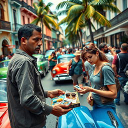 A dramatic scene depicting an attempted scam in Cuba