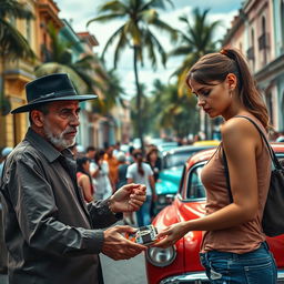 A dramatic scene depicting an attempted scam in Cuba